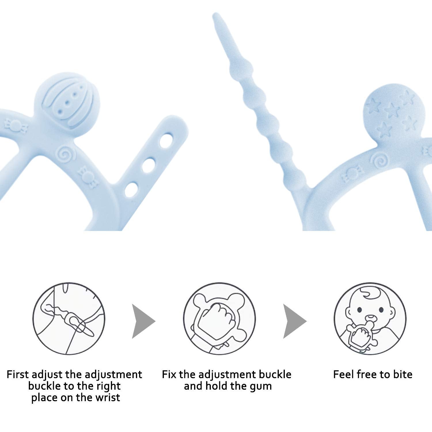 【Never Drop from Hand】 HEORSHE Baby Teething Toys for 1 Year Old Baby Boy Teethers for Infants Toddlers Silicone Molars Adjustable Chew Toys for Babies Boy 3 4 5 6 7 8 9 10 11 12 Months (Blue)