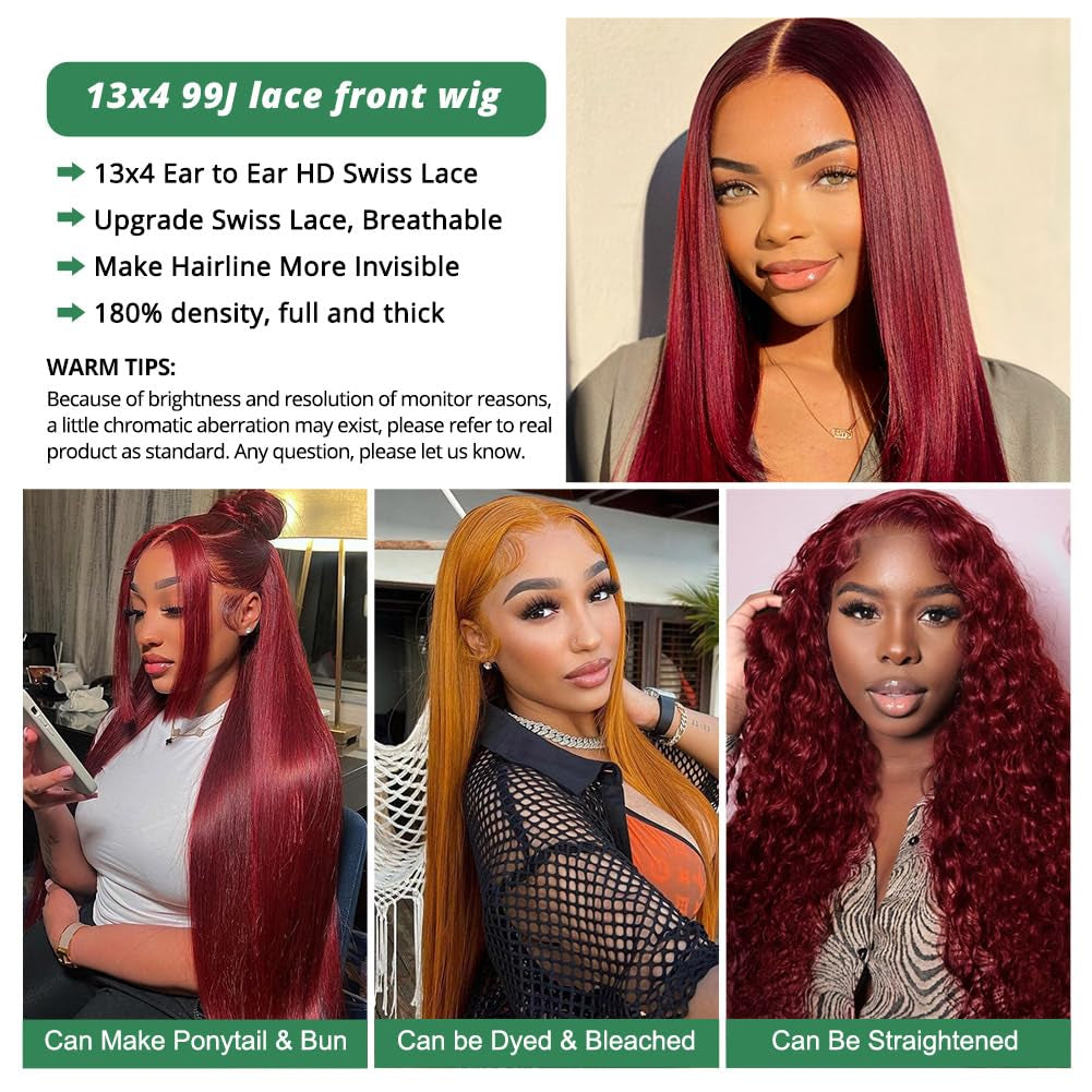 99J Burgundy 13X4 Lace Front Wigs Human Hair 180% Density 28 Inch Straight Lace Front Wigs Human Hair Wig for Women with Baby Hair