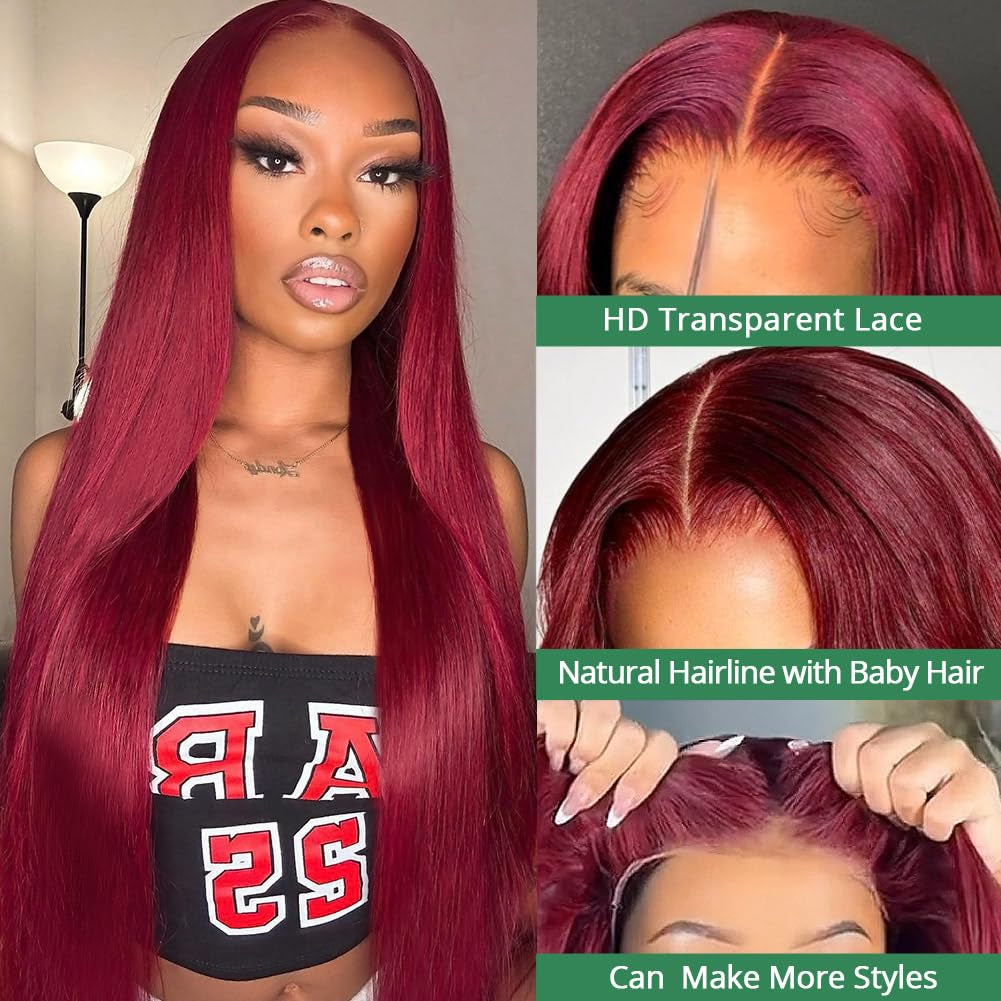 99J Burgundy 13X4 Lace Front Wigs Human Hair 180% Density 28 Inch Straight Lace Front Wigs Human Hair Wig for Women with Baby Hair
