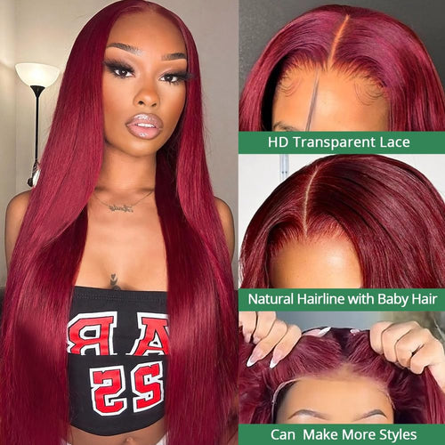 99J Burgundy 13X4 Lace Front Wigs Human Hair 180% Density 28 Inch Straight Lace Front Wigs Human Hair Wig for Women with Baby Hair