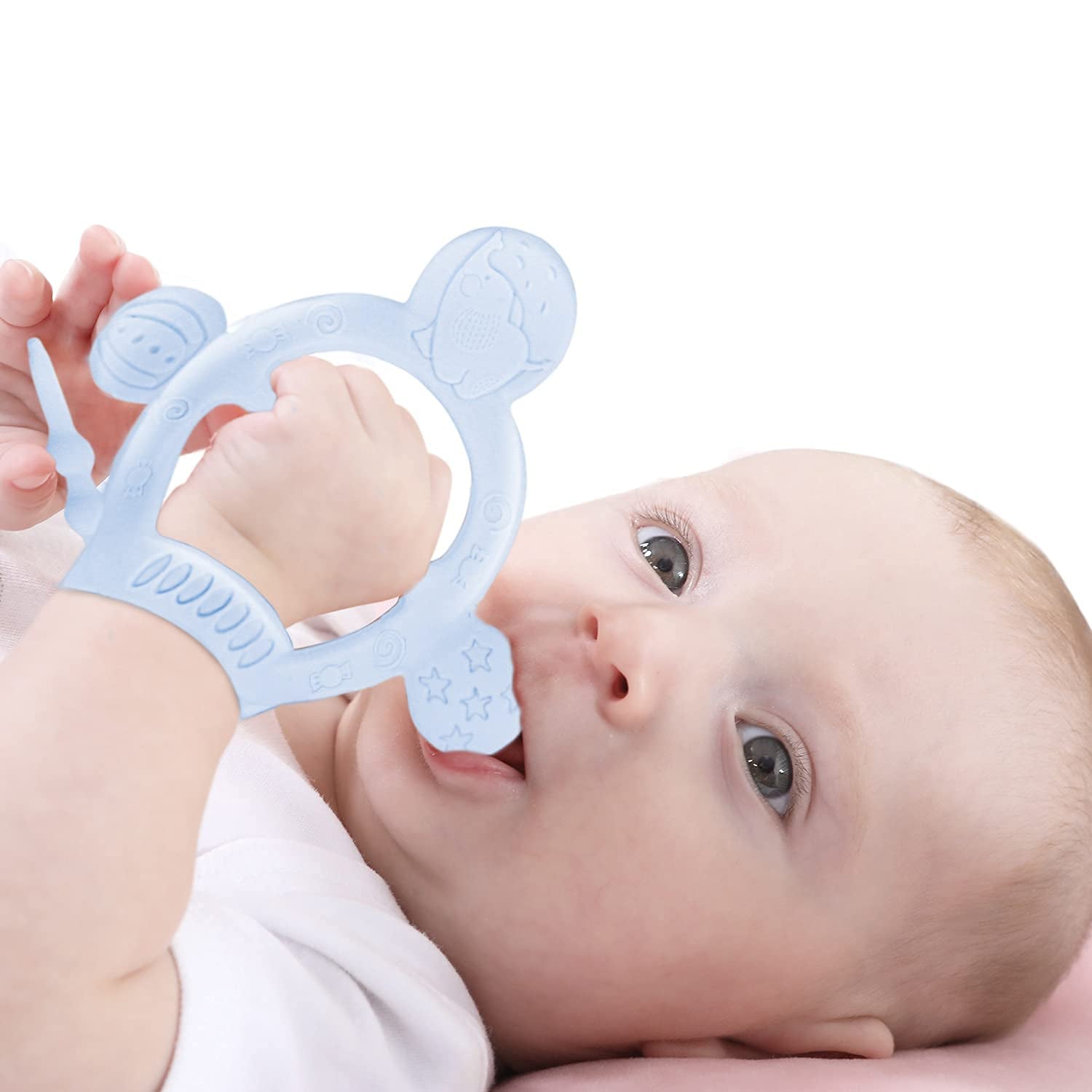 【Never Drop from Hand】 HEORSHE Baby Teething Toys for 1 Year Old Baby Boy Teethers for Infants Toddlers Silicone Molars Adjustable Chew Toys for Babies Boy 3 4 5 6 7 8 9 10 11 12 Months (Blue)