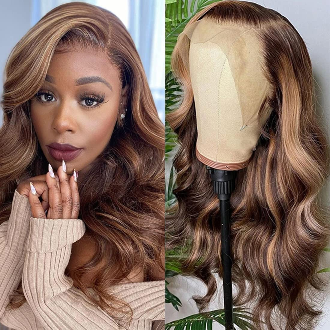 Honey Blonde 13X4 Lace Frontal Highlight Body Wave Human Hair Wigs for Black Women, Ombre Highlight Piano Colored Lace Frontal Wig Pre Plucked with Baby Hair 150% Density TL412 Color (20Inch)